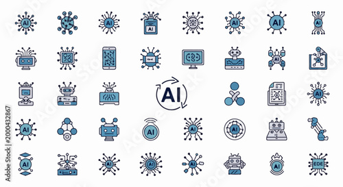 A grid of abstract icons representing artificial intelligence, including robots and circuits