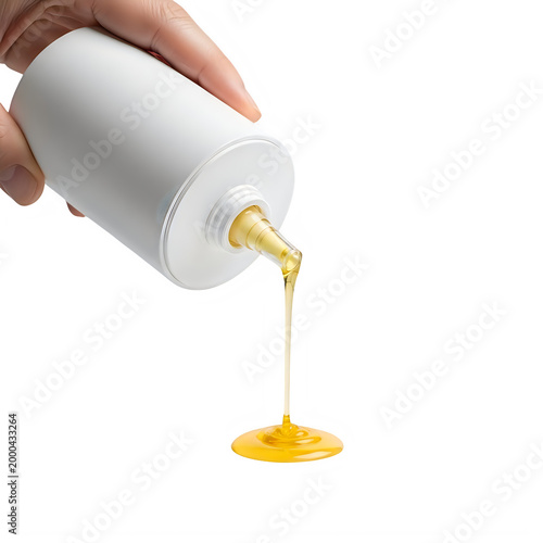 Hand pouring yellow liquid from white bottle
