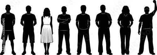 Diverse collection of standing people silhouettes including men and women in casual clothing set against a clean white background vector