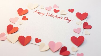 Happy Valentine's Day text concept with paper hearts on white background, clean romantic greeting card design with copy space, soft studio lighting, realistic detail, no logos