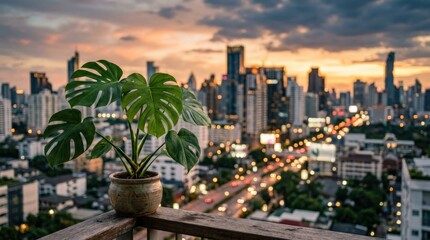 Green plant in foreground with blurred city skyline at sunset, nature amid urban life concept, eco city contrast, warm evening light, shallow depth of field, realistic photography, no logos