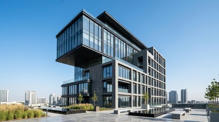Sleek modern architectural elements against clear sky, minimalist building design with sharp lines and premium urban aesthetic, clean daylight, refined realistic detail, no logos