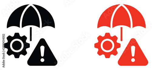 Risk mitigation icon set vector graphic featuring protection and prevention symbols such as shield, alert triangle, checklist, and barrier icons, designed for enterprise risk management, operational