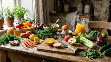 Fresh juice ingredients on wooden table, fruits and vegetables for healthy drink preparation, colorful still life, rustic kitchen styling, natural light, realistic detail, no logos