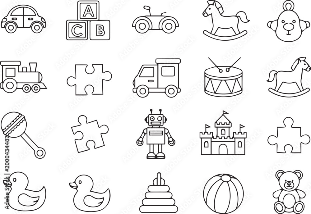 Fototapeta premium Collection of hand drawn icons featuring various classic toys and playthings childhood children