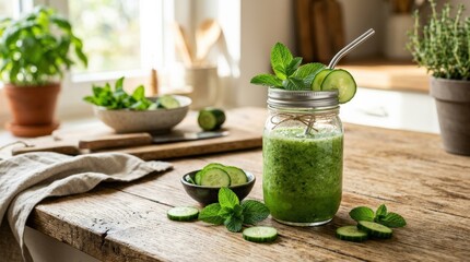 Fresh green cucumber smoothie in a mason jar with mint leaves and sliced cucumbers on a wooden table, healthy detox drink and wellness nutrition concept, natural light, realistic detail, no logos