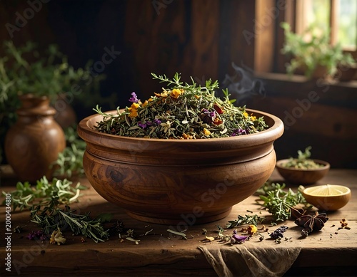 Bowl of dried herbs and spices with floral accents