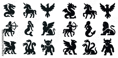 Mythical icons with dragon unicorn and phoenix bold