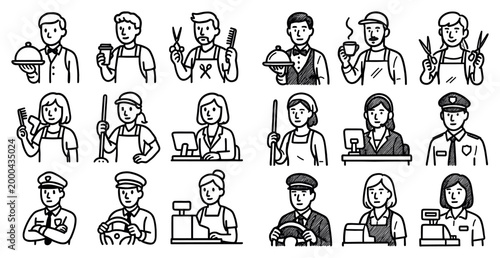 Service icons with waiter cashier barber outline