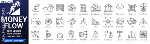 Money flow finance line icons set. Editable outline vector banking, payment, investment, business, wallet and more collection. Vector illustrator.