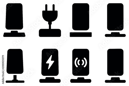 Technology icons with phone charger plug minimal