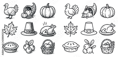 Thanksgiving icons with turkey pumpkin pie sketch