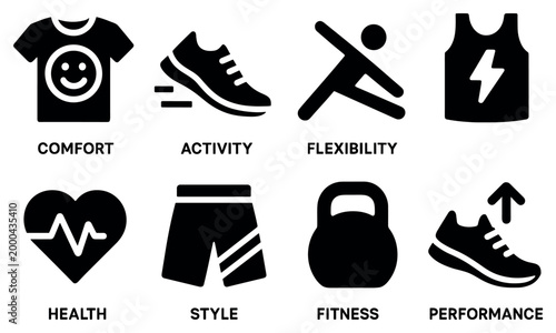 Fitness icons with sneaker kettlebell shirt bold