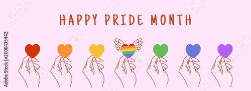 Happy Pride Month banner with colorful rainbow hearts held in hands, symbolizing love and unity. LGBTQ, LGBTQIA support vector illustration with flag-inspired colors, perfect for web use and placards.