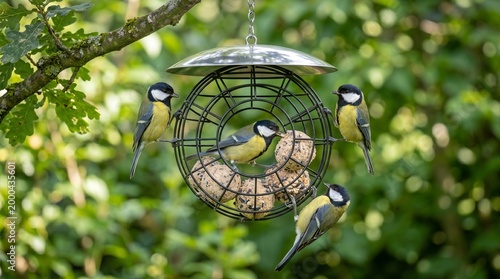 Four Great Tit Birds on Hanging Garden Bird Feeder