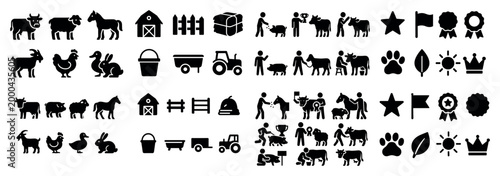 Farm animals equipment and rural scene icons