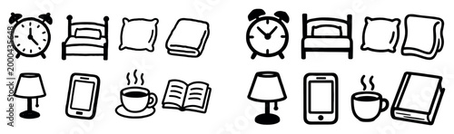 Sleep icons with alarm bed pillow doodle