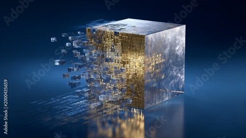 Futuristic metallic block with pixelated digital erosion effect representing cloud data migration and legacy system modernization