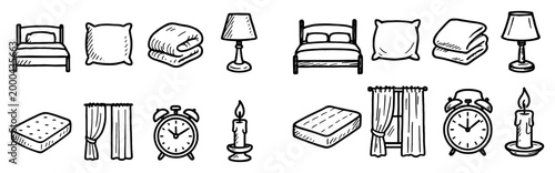 Bedroom icons with bed pillow blanket sketch