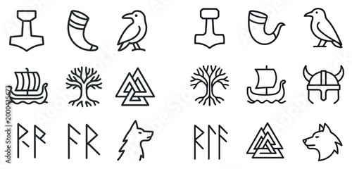 Norse icons with hammer horn raven outline