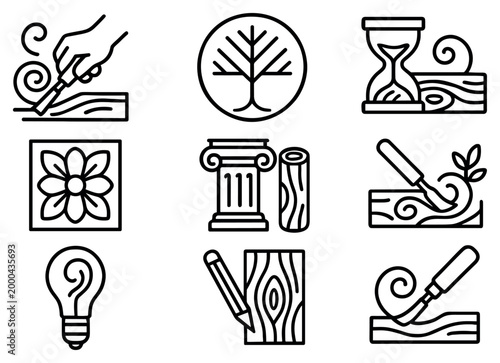 Woodworking icons with chisel log outline