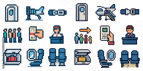 Travel icons with plane seat gate pixel