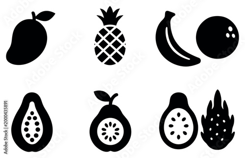 Tropical fruit icons with pineapple banana papaya bold