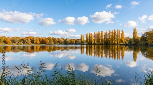 Tranquil autumn lake with golden trees reflecting in calm water under blue sky