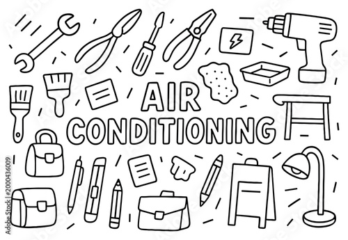 Air conditioning icons with wrench screwdriver drill outline