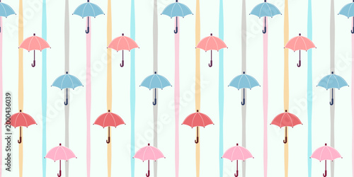 Vector illustration of a seamless rainy season pattern with pastel-colored umbrellas, suitable for fabric designs, hand-drawn background.