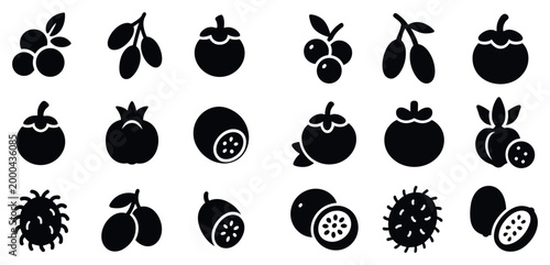 Fruit icons with berry plum mangosteen minimal solid