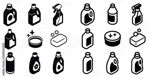 Household cleaning icons with bottles soap jar flat