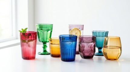 Colored glass cups in a vibrant still life arrangement, luminous drinkware with rich reflections and clean studio composition on a white background, soft light, realistic detail, no logos