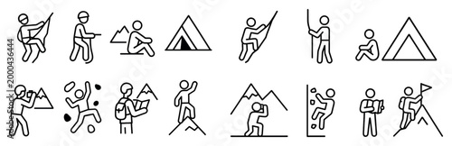 Outdoor icons with tent mountain climber outline style
