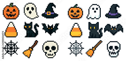Halloween icons with pumpkin ghost witch pixel
