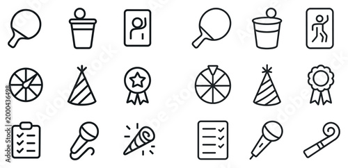 Party game icons with paddle cup ribbon outline