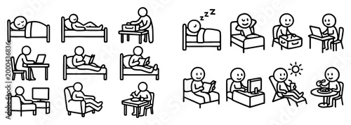 Lifestyle icons with bed couch and laptop outline