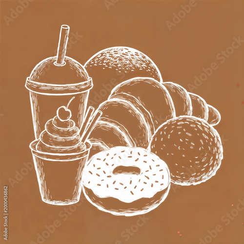 A glass of coffee, a croissant and a donut are drawn on a brown background