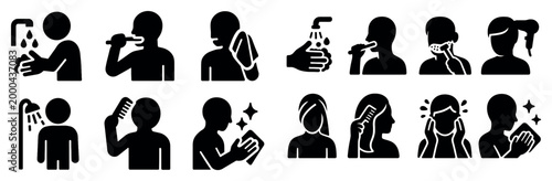 Hygiene icons with wash brush towel minimal