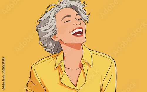 Joyful Senior Woman Laughing Happily in Flat Art Style