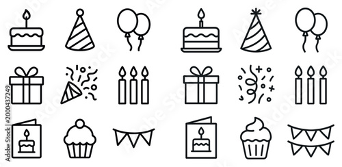Party icons with cake balloon gift outline