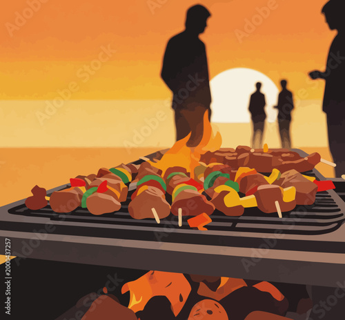 Sunset Outdoor Barbecue Gathering With Grilled Skewers