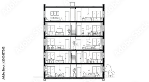 Cross section of a multistory residential building with furnished apartments