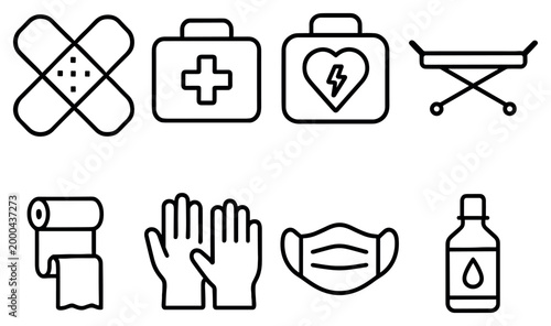 Medical icons with bandage firstaid mask flat