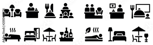 Hospitality icons with bed plate waiter bold solid