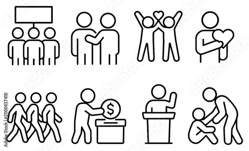 Community icons with people heart podium outline