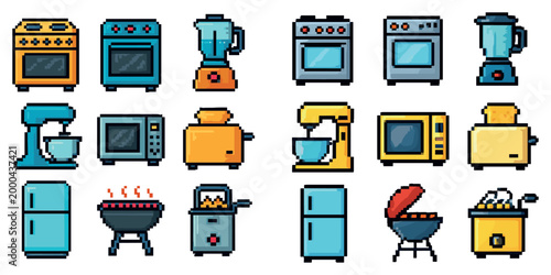 Kitchen icons with oven blender toaster pixel