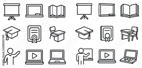 Education icons with board laptop teacher outline