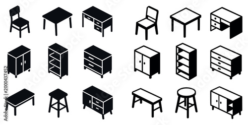 Furniture icons with chair table desk isometric