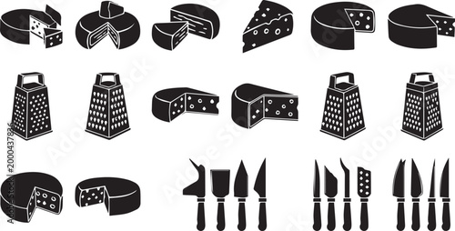 Bild auf Leinwand Cheese Wheels Graters and Knife Set Kitchen Vector Icons